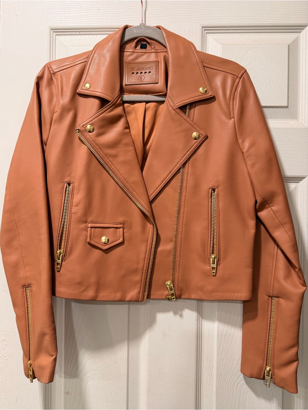 Blank NYC Cognac Faux Leather Moto Jacket with Gold Hardware